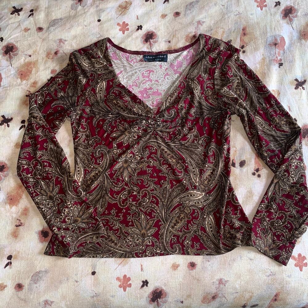 Y2K Paisley Ruched Bust Long Sleeve Earthy Dark Boho